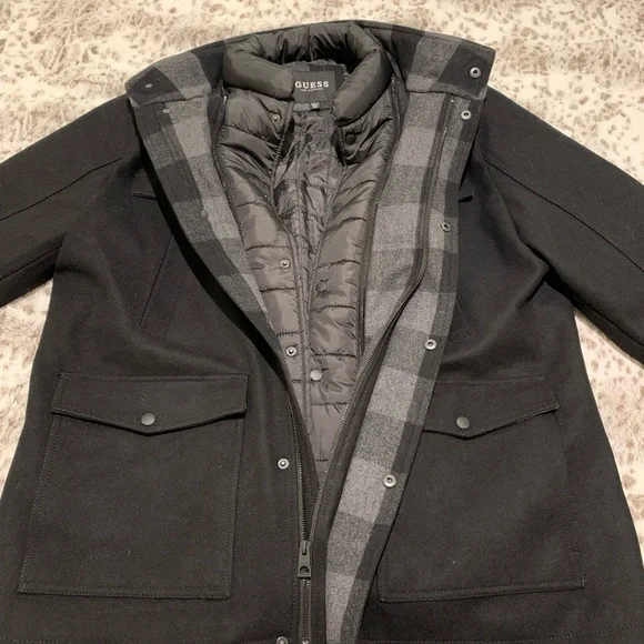 Guess Mens Military-Inspired Coat with Plaid Detail - Picture 11 of 12